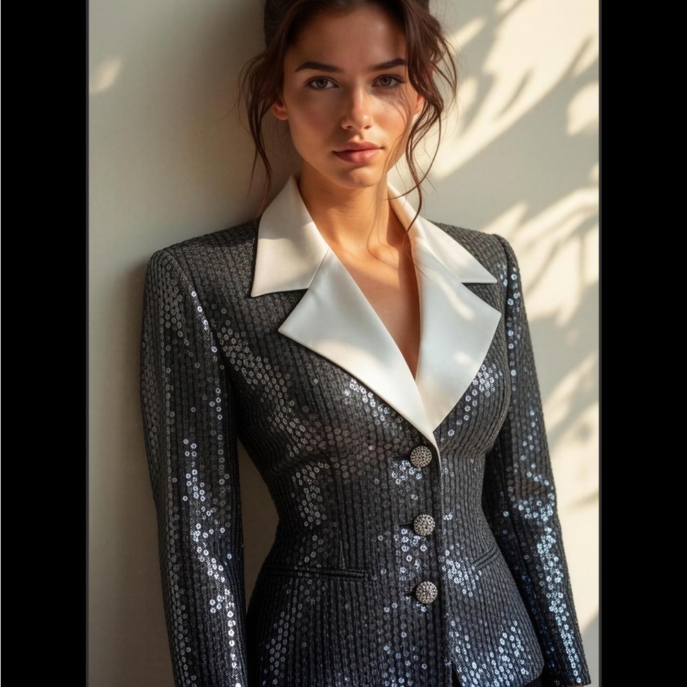 VINTAGE LILLIE RUBIN Tuxedo BLAZER JACKET BLING SEQUINS LARGE WHITE COLLAR 8